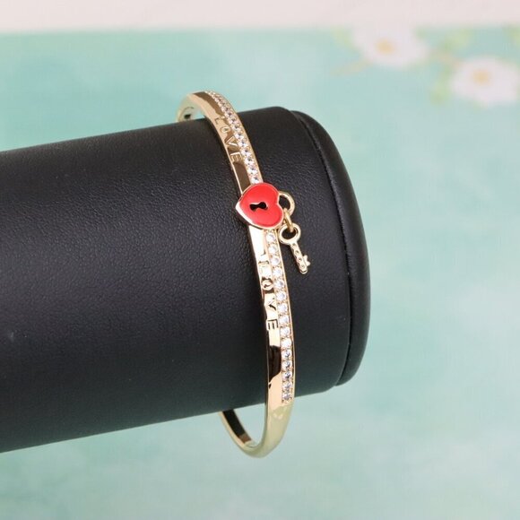 Rose Gold Bangle with Red Heart Lock and Key Charm Accent, XPBL0562 - Picture 5 of 12